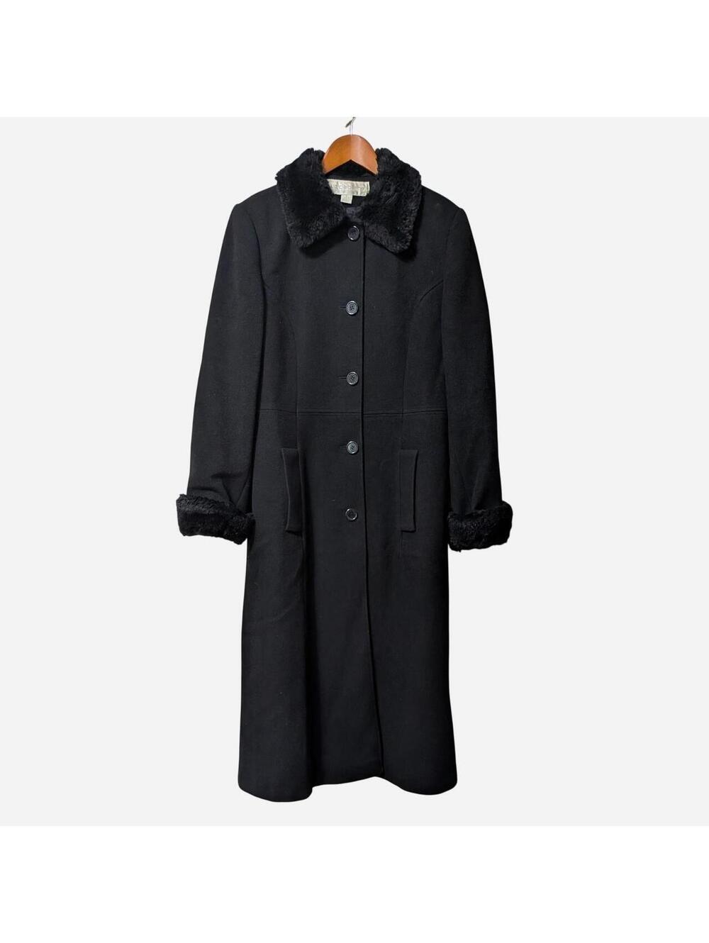 Y2K Liz Claiborne Black Wool Faux Fur Trim Long Princess Coat Small